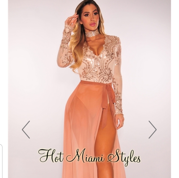 Nude Rose Gold Sequins Bodysuit - Picture 2 of 3